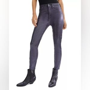 7 For All Mankind Faux Pocket Skinny Ankle Jeans Purple Black Glitter Coated 28